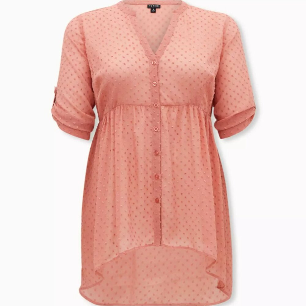 Torrid Blush Pink Lexie Babydoll Chiffon Metallic Clip Dot Tunic Blouse 1X 14/16